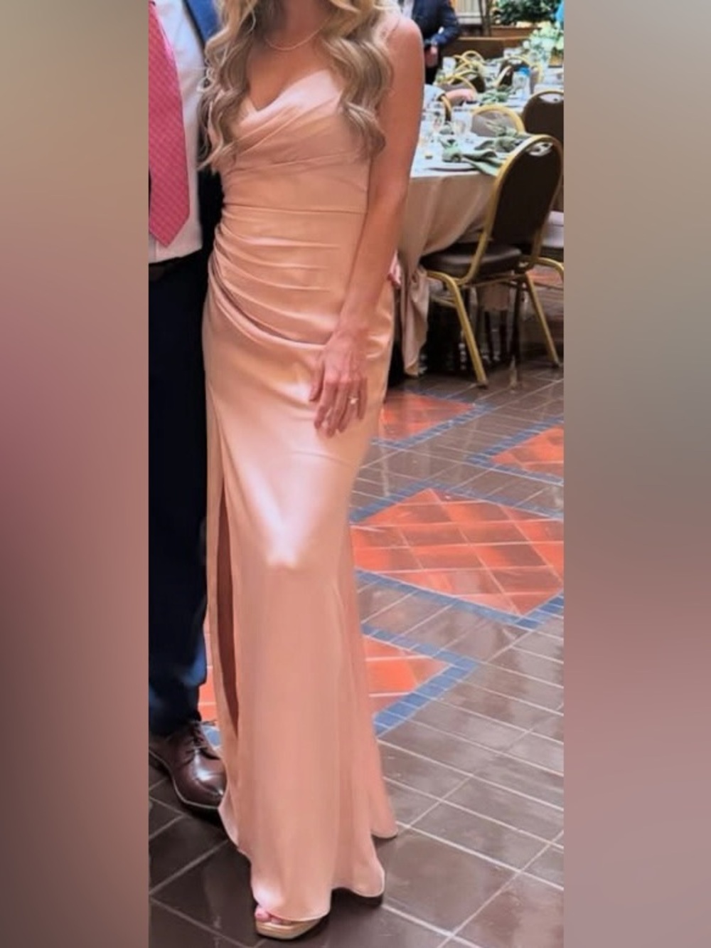 Azazie Blush Satin V-Neck Wedding Gown
